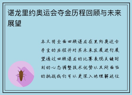 谌龙里约奥运会夺金历程回顾与未来展望