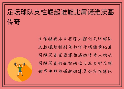足坛球队支柱崛起谁能比肩诺维茨基传奇